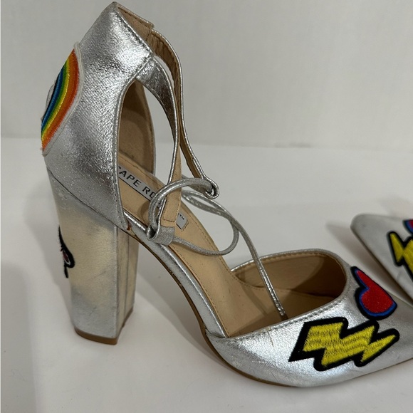 Cape Robbin Metallic Silver Block Heel Patches Flamingo Rainbow Sandals Size 8 - Picture 9 of 13